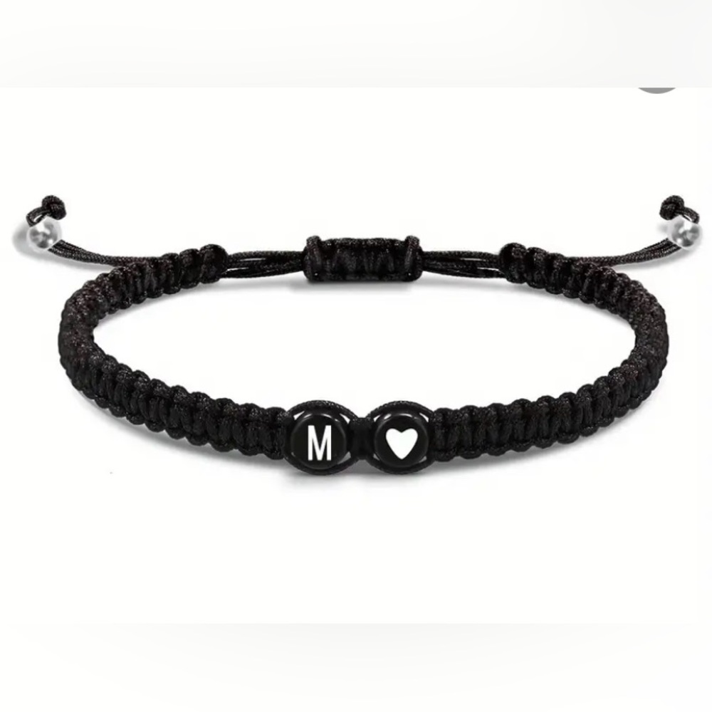 Letter M with heart beads black braided bracelet or anklet adjustable